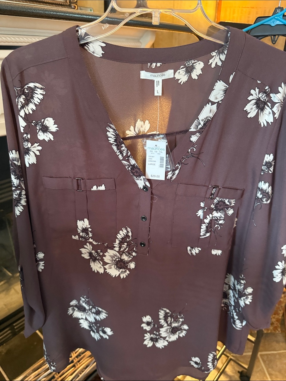 Maurices Plum Floral V-Neck Tunic with White Print 0088